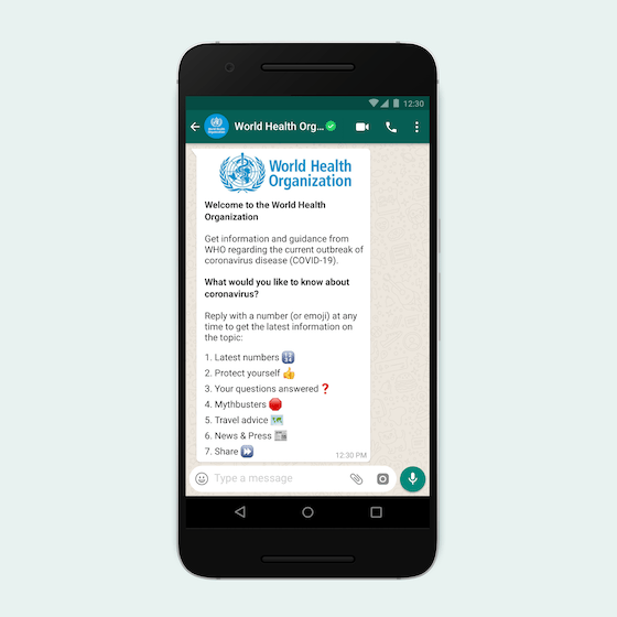 Una schermata del chatbot WhatsApp dell'Organizzazione Mondiale della Sanità.
