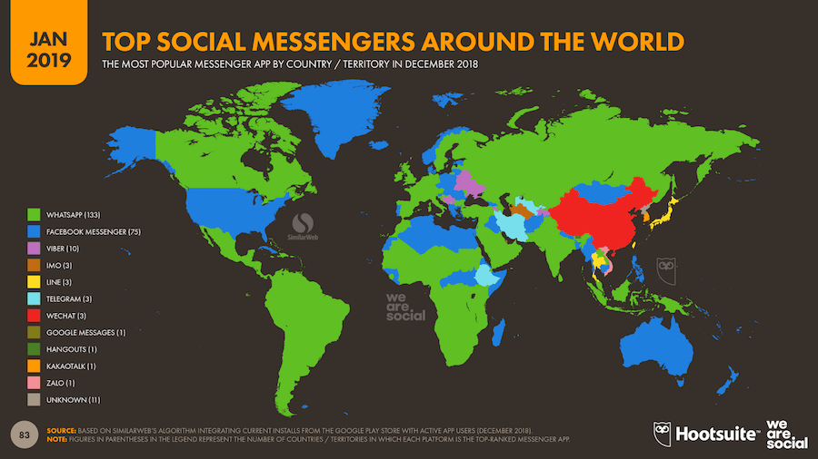 Carte du monde montrant la principale application de messagerie par pays.