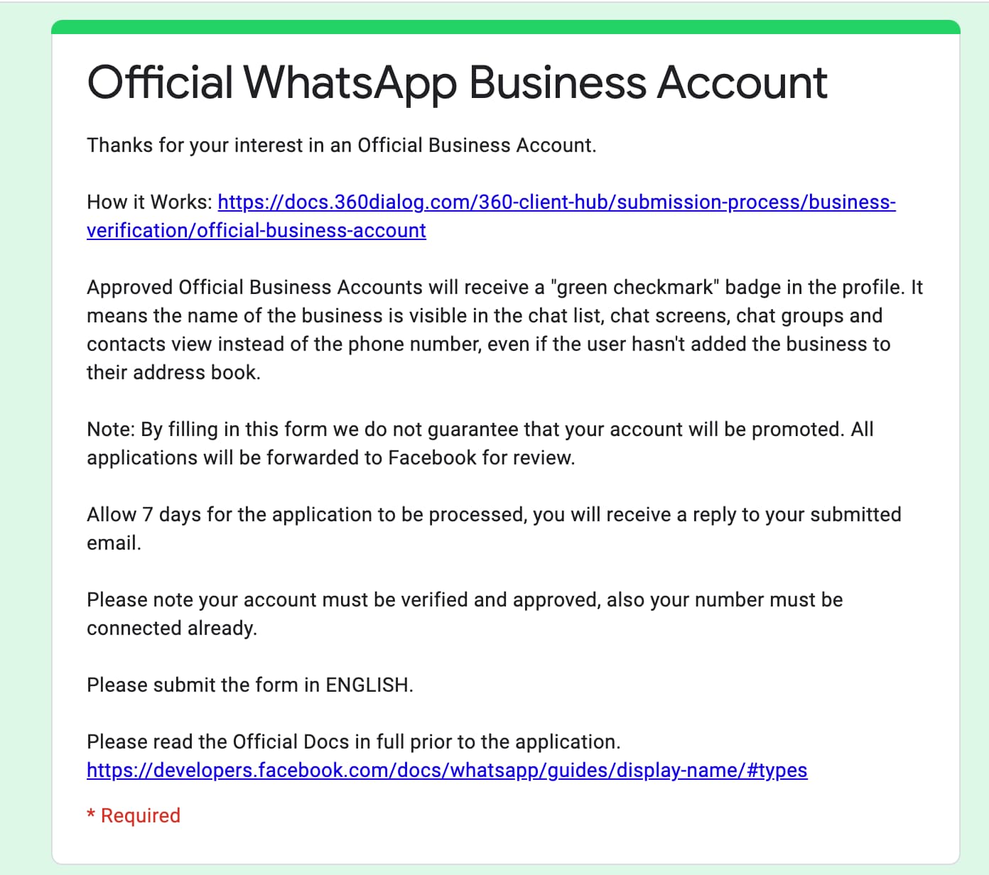 Formular für Verifizierung von WhatsApp-Unternehmensaccount durch 360dialog
