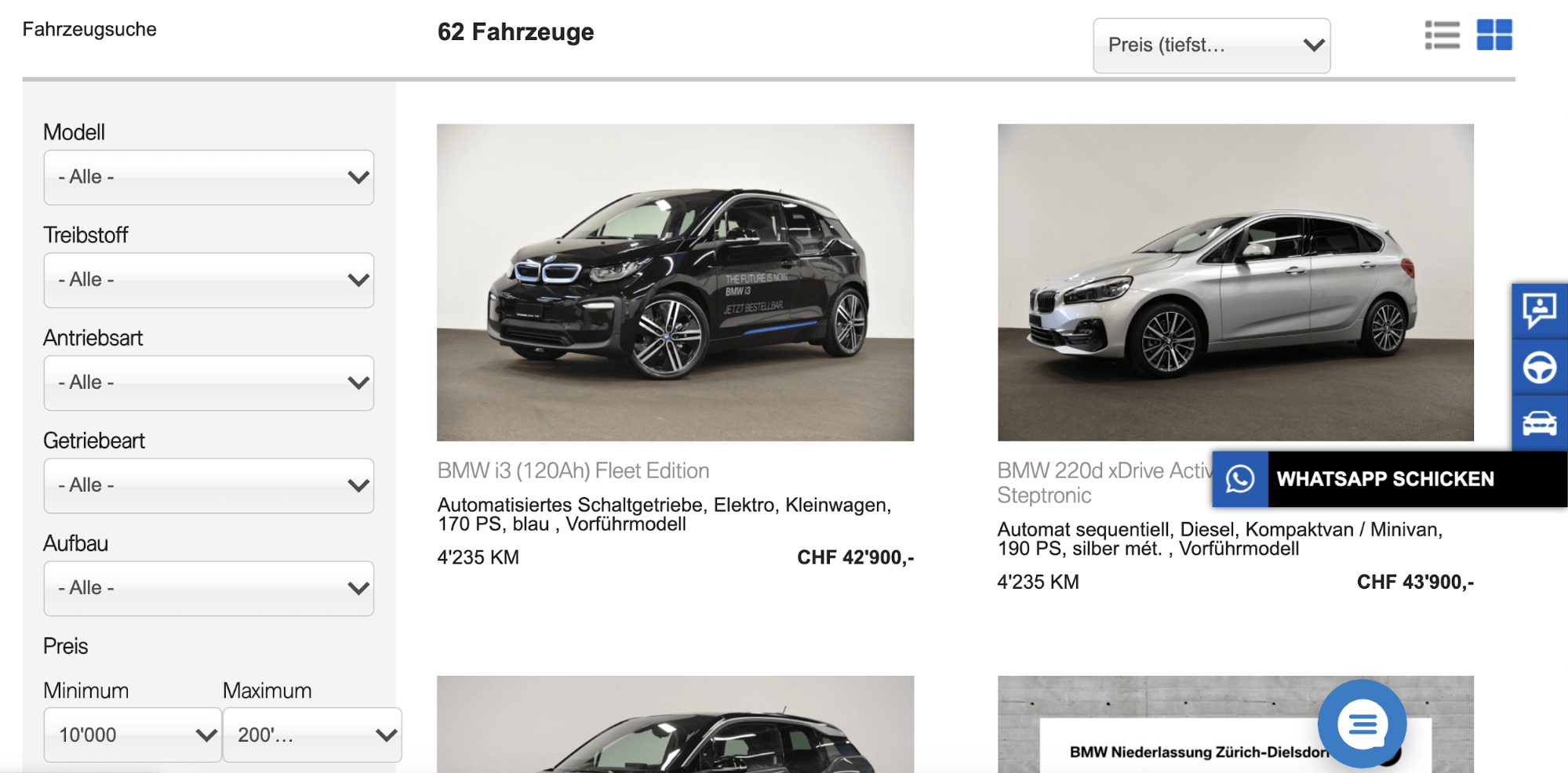un ejemplo de WhatsApp ofrecido a través de Userlike en el sitio web de BMW
