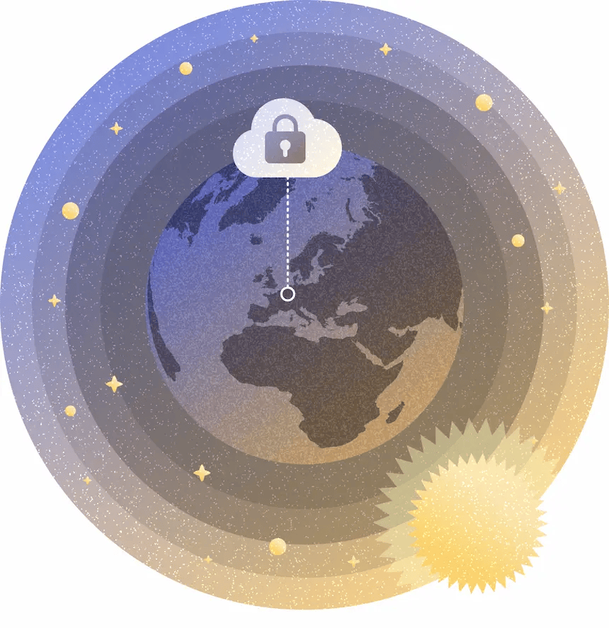 Cartoon image of a globe with a lock linked to Germany to symbolize data security
