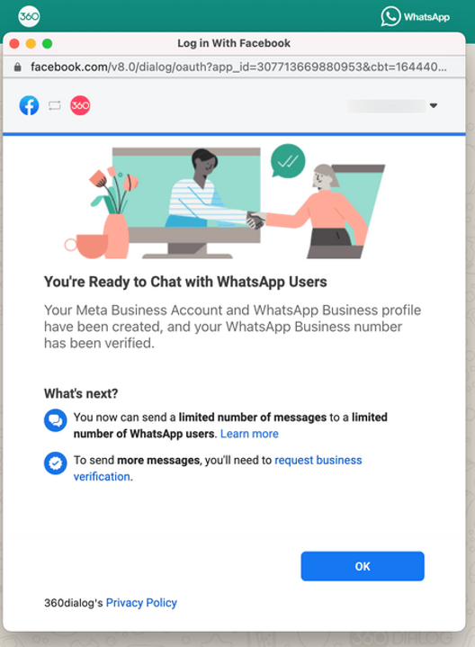 360dialog Popup-Fenster, um die Verifizierung der WhatsApp Business-API zu beantragen