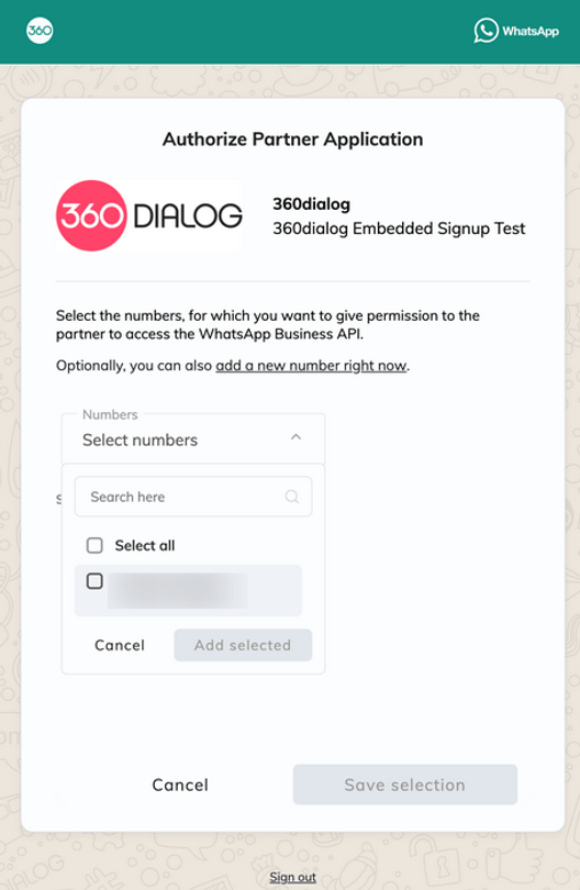 360dialog Popup-Fenster, um den Partner-Zugriff zu genehmigen