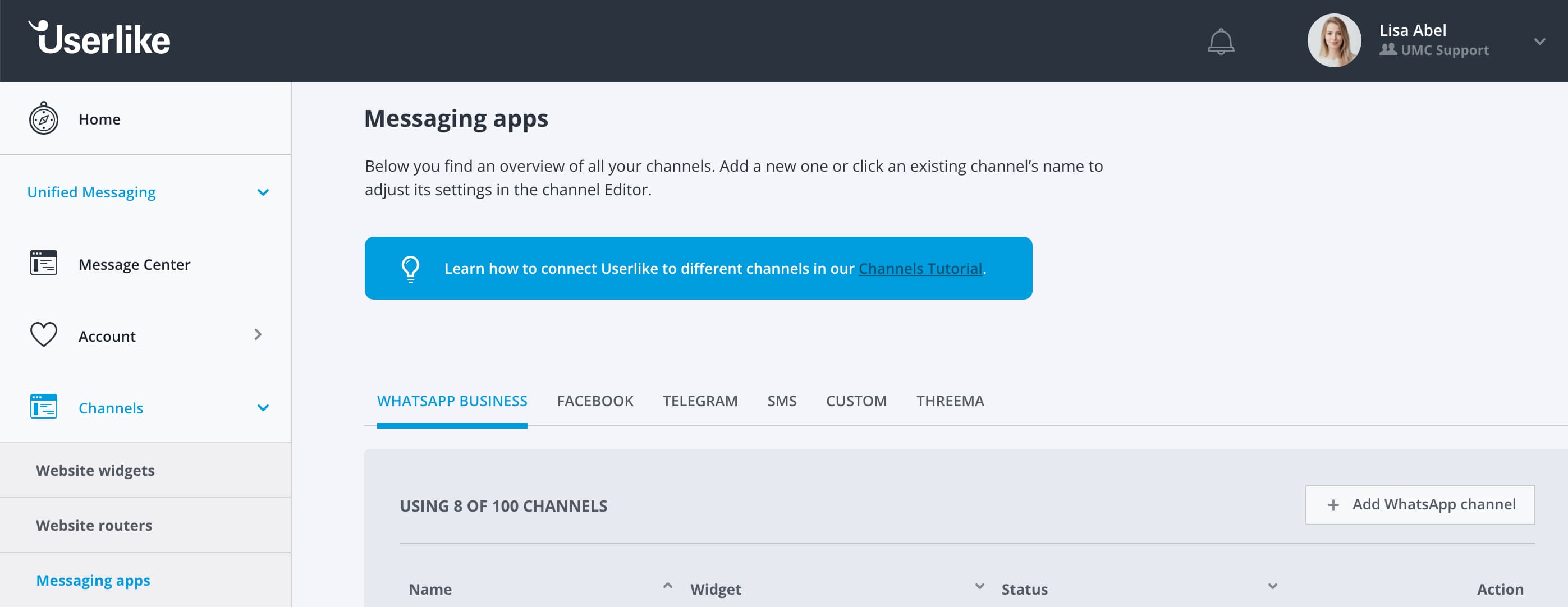 Screenshot of messaging apps section in Userlike dashboard