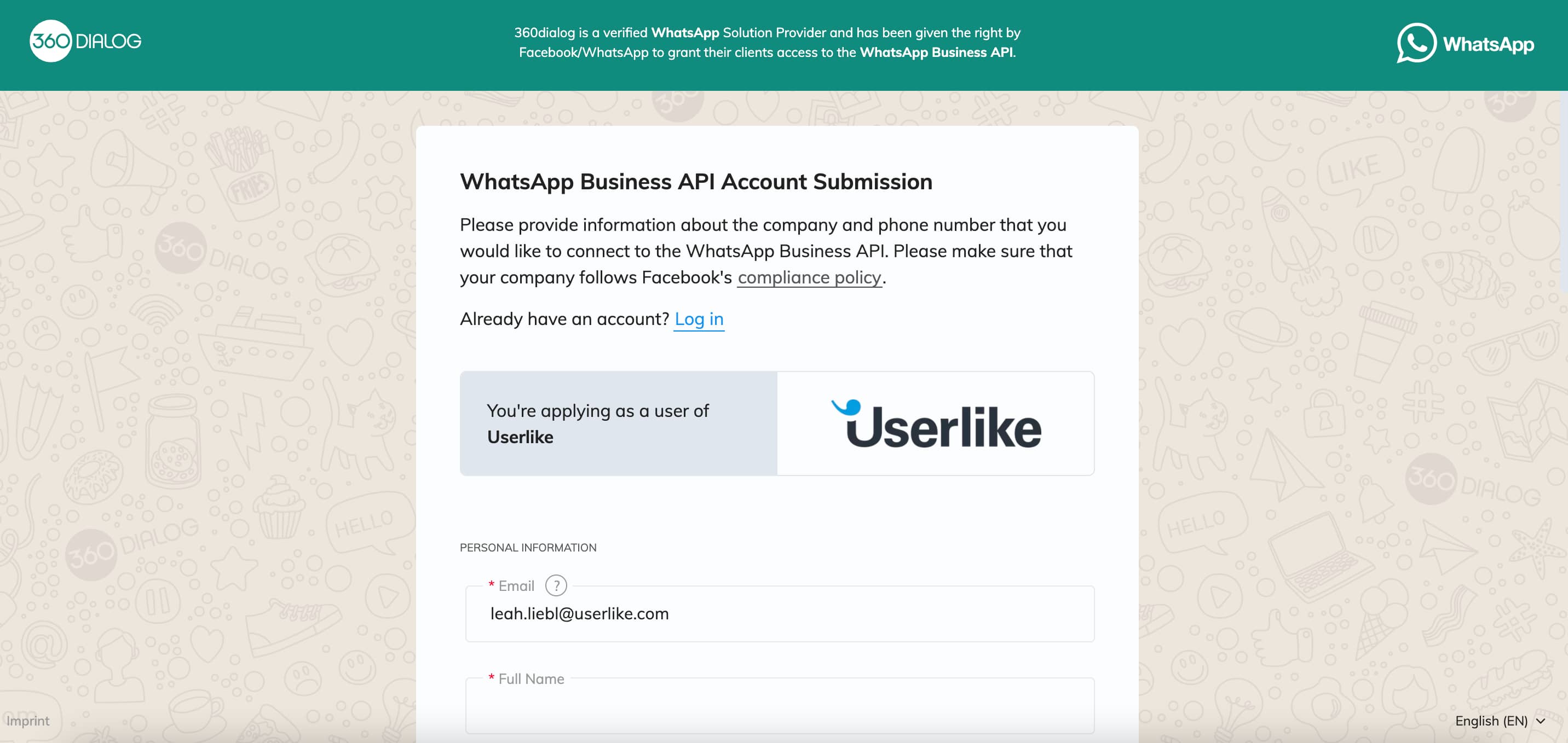 screenshot of whatsapp business api registration page