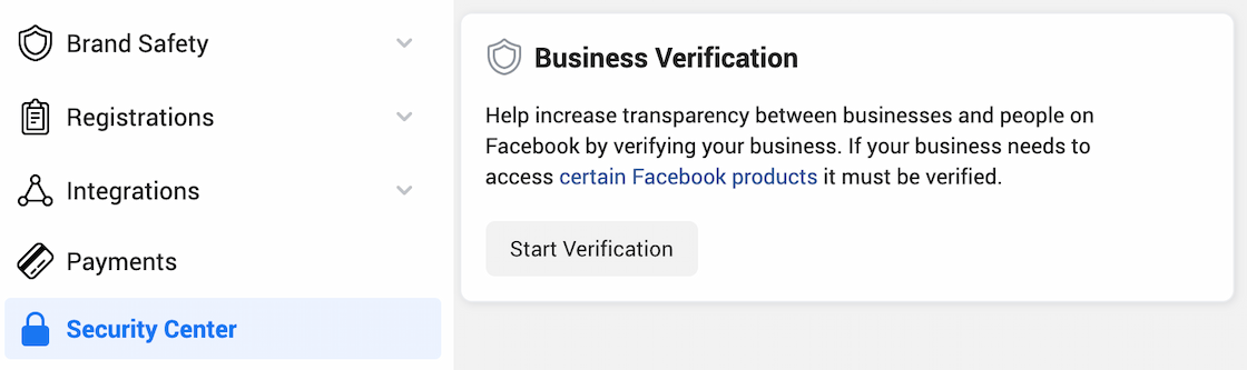 Screenshot of business verification section