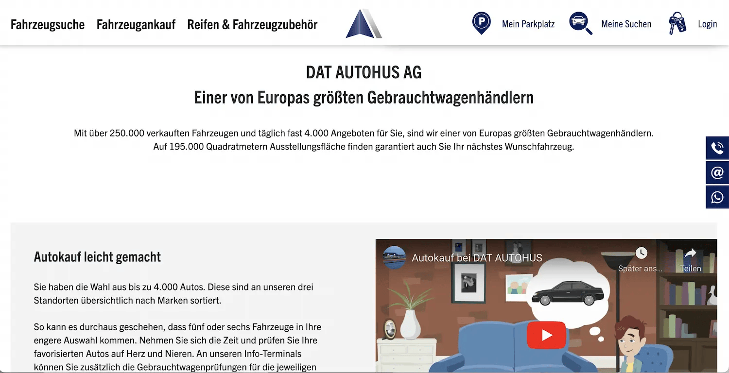 Dat Autohaus website showing a button to start a WhatsApp chat