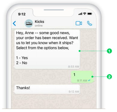 Example image of a conversation between Kicks and a customer on WhatsApp