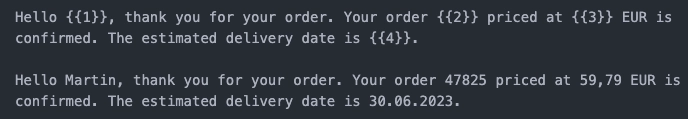 Example message template text for an order confirmation