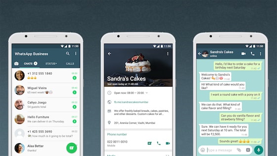 Bild zeigt drei Screenshots der WhatsApp Business App.