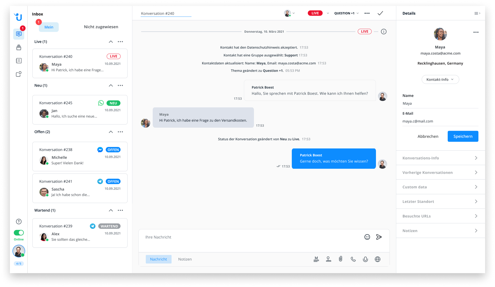 Un ejemplo del panel de control de Userlike que combina los diferentes canales de mensajería como WhatsApp, FB Messenger, sitio web, etc