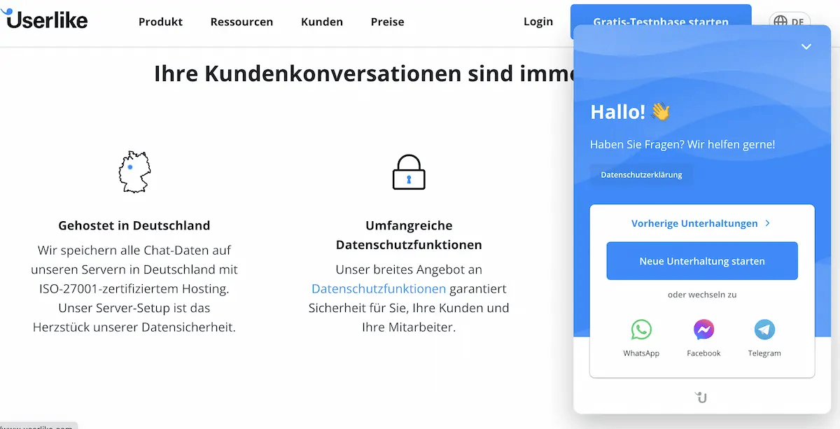 Screenshot del Website Messenger di Userlike Website Messenger con il pulsante WhatsApp