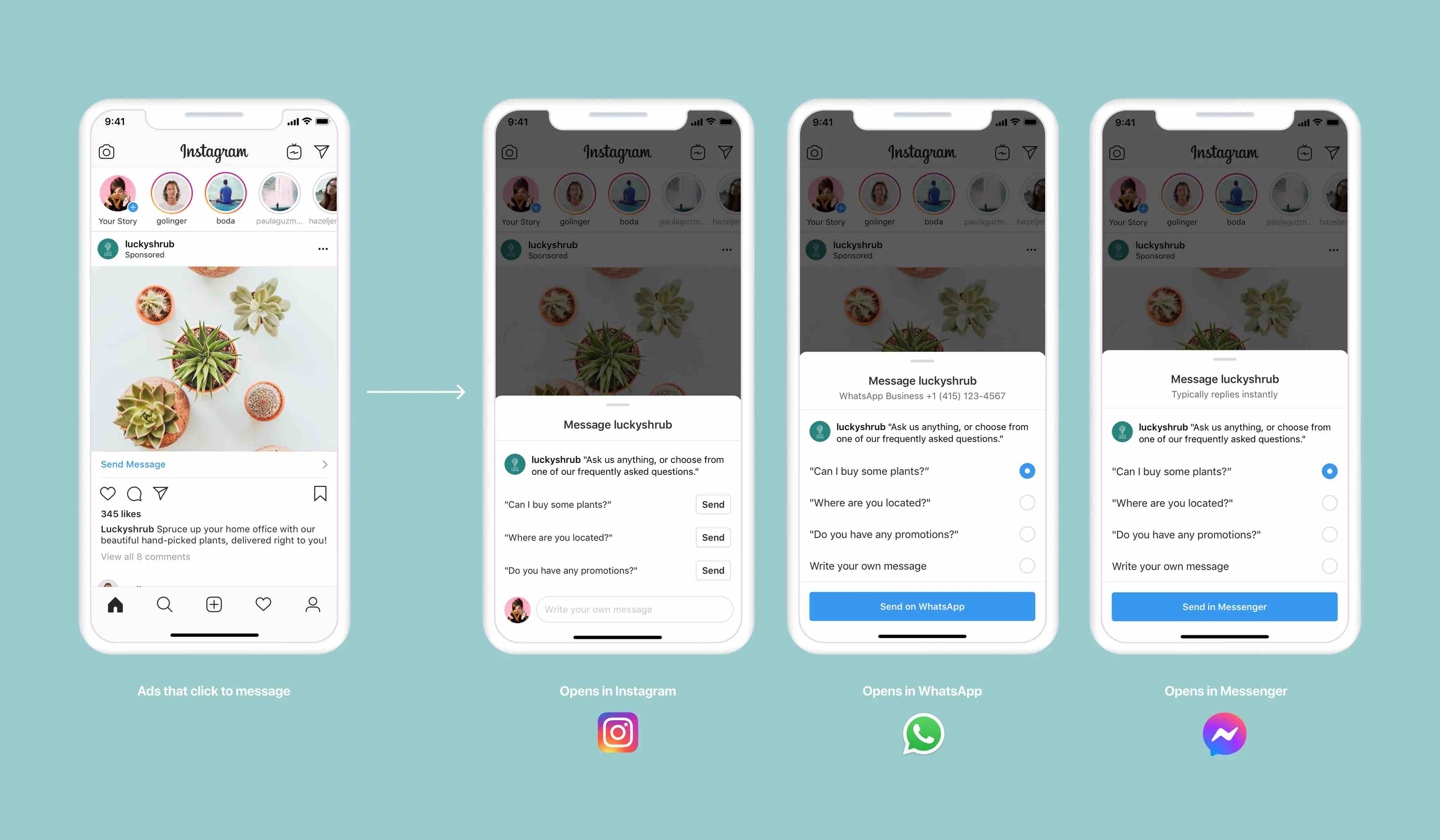 Bild zeigt die Click-to-Messenger-Funktion von Instagram für verschiedene Messenger.