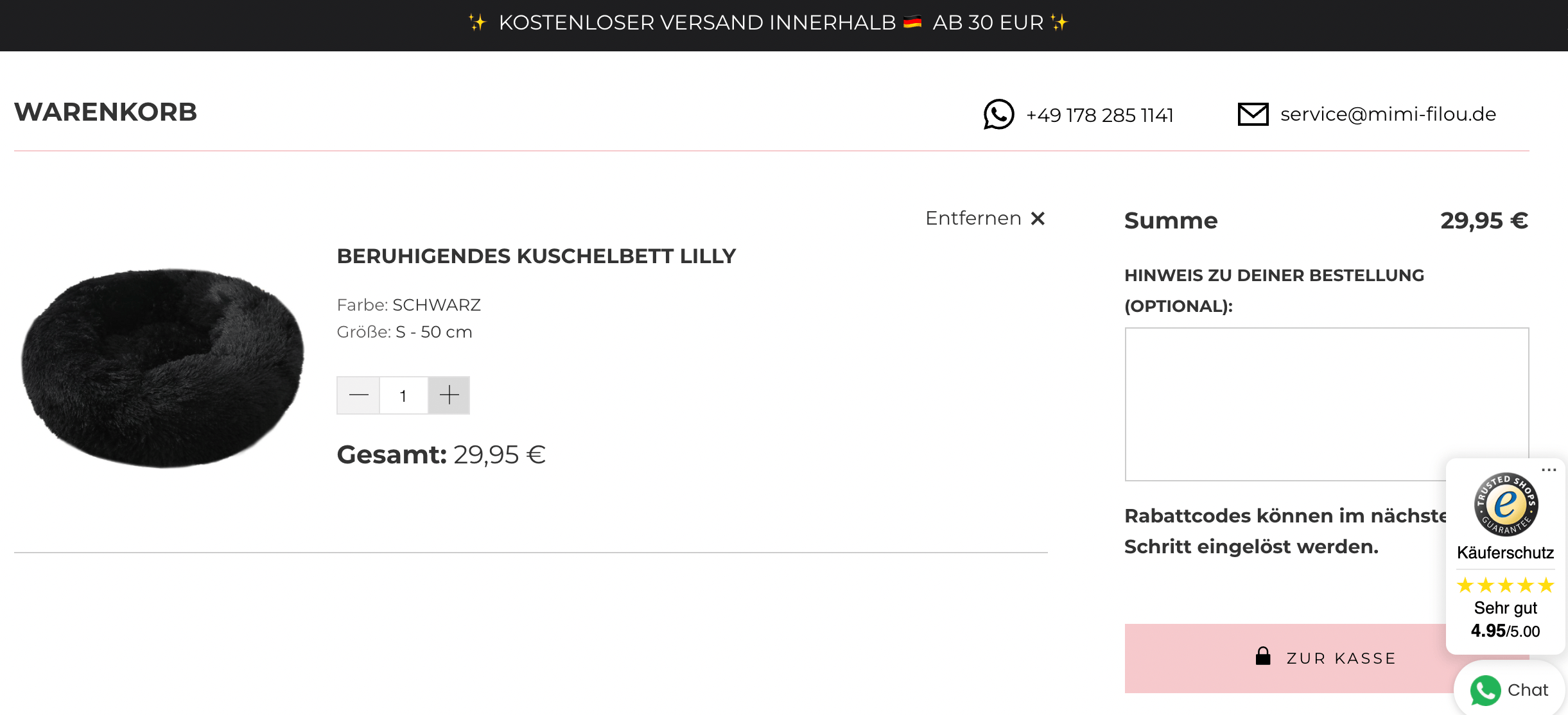 Screenshot von Warenkorb auf mimi-filou.de mit einem Click-to-WhatsApp Button.