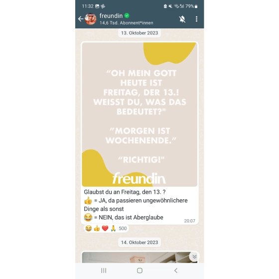 Beispiel für WhatsApp-Channel von Zeitschrift Freundin