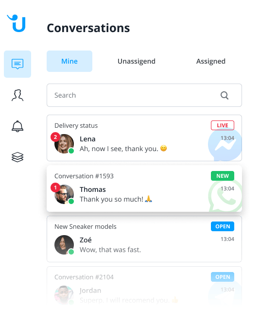 L’immagine della lista di conversazioni nel Userlike Message Center.