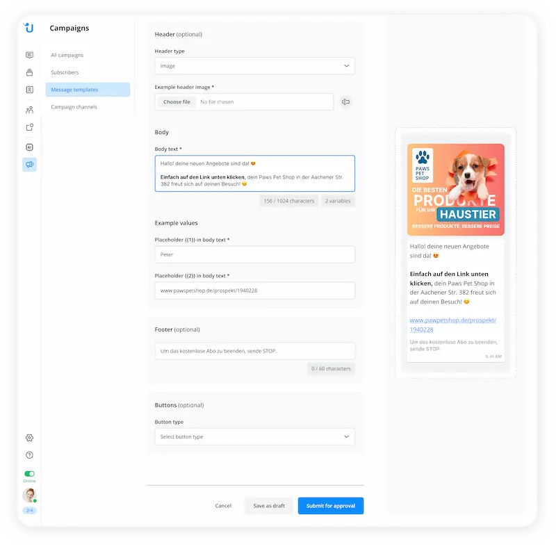 Whatsapp-Template-Erstellung in Userlike