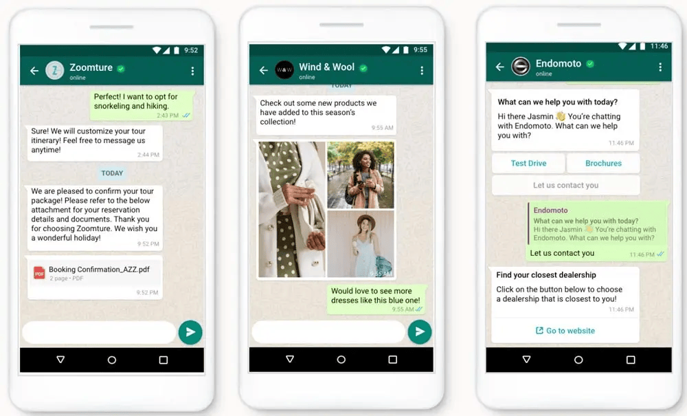 Example images of companies making product recommendations via WhatsApp