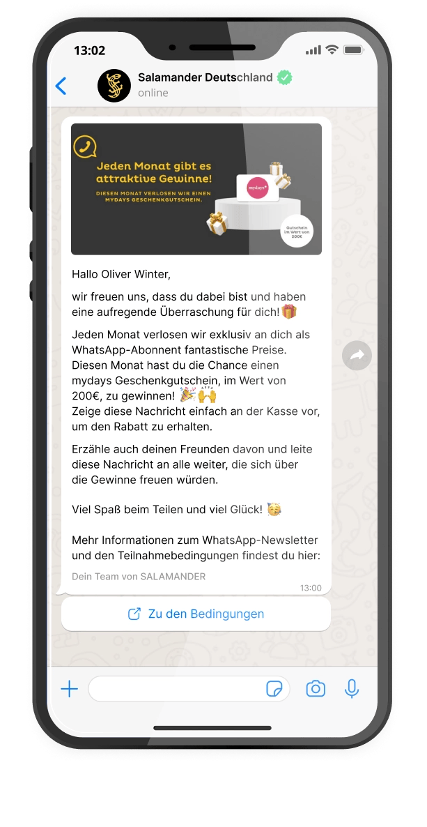 Bild des WhatsApp-Newsletters von Salamander Deutschland