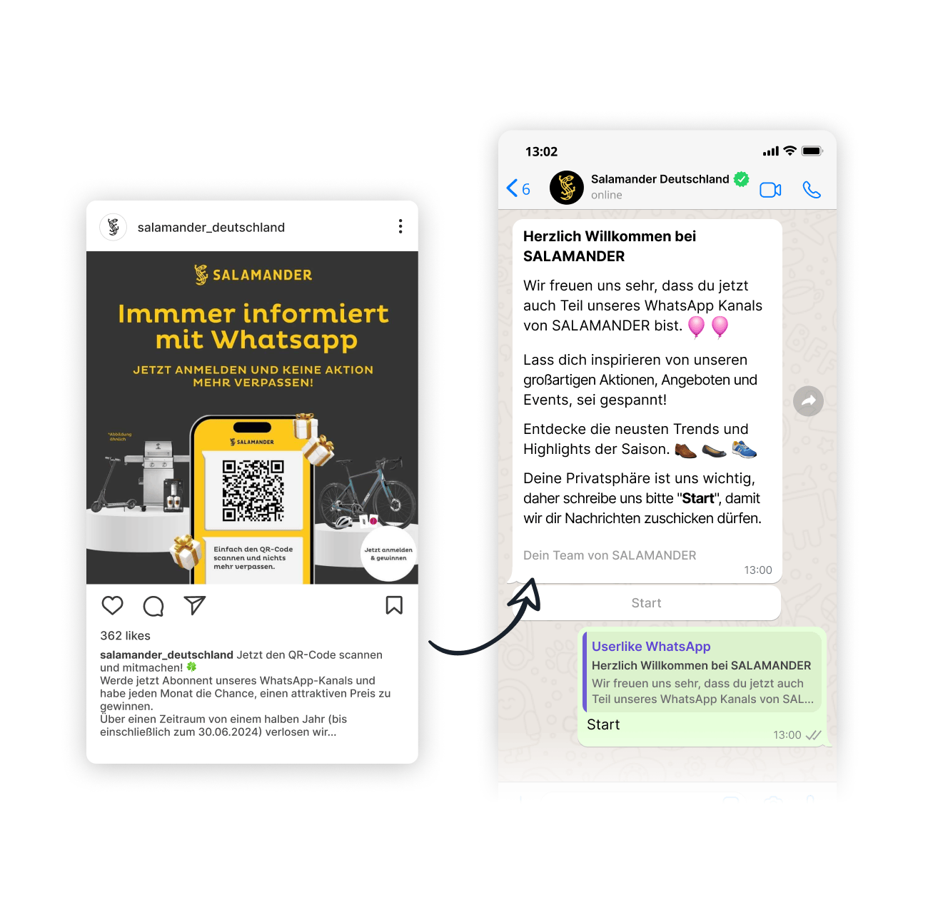 Instagram-Post und WhatsApp-Newsletter von Salamander Deutschland