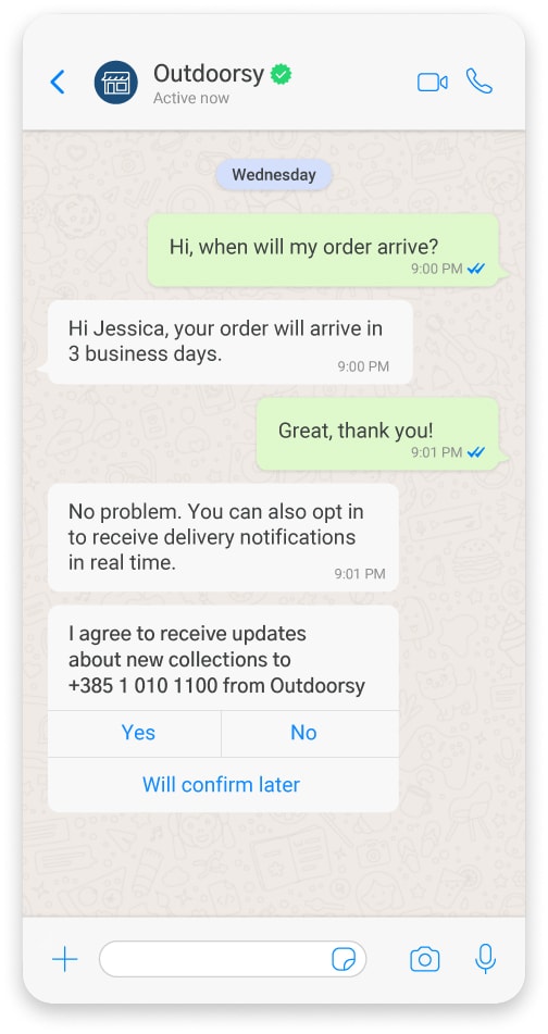 WhatsApp-Opt-in für Updates zu den neuen Kollektionen von Outdoorsy.