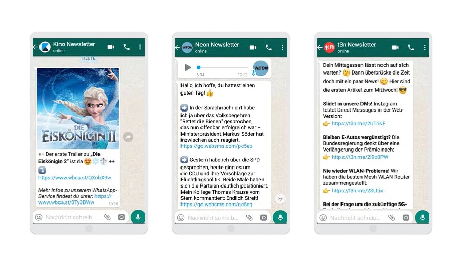 Screenshots von WhatsApp Newsletter Beispielen mit News-Charakter.