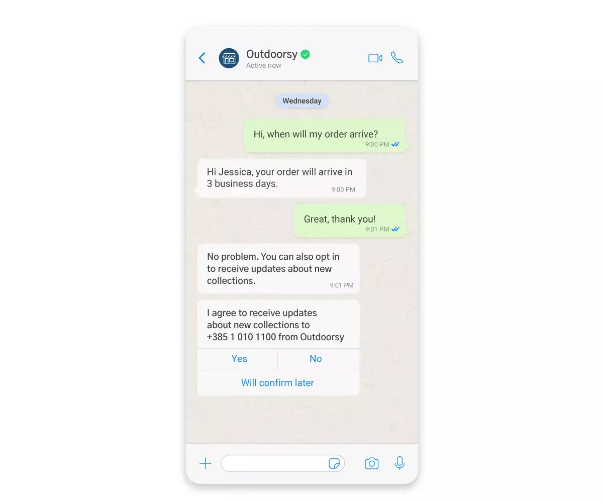 Screenshot dell’opt-in per la newsletter di WhatsApp di Outdoorsy.