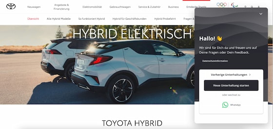 Screenshot der Toyota Website mit dem Website Messenger von Userlike