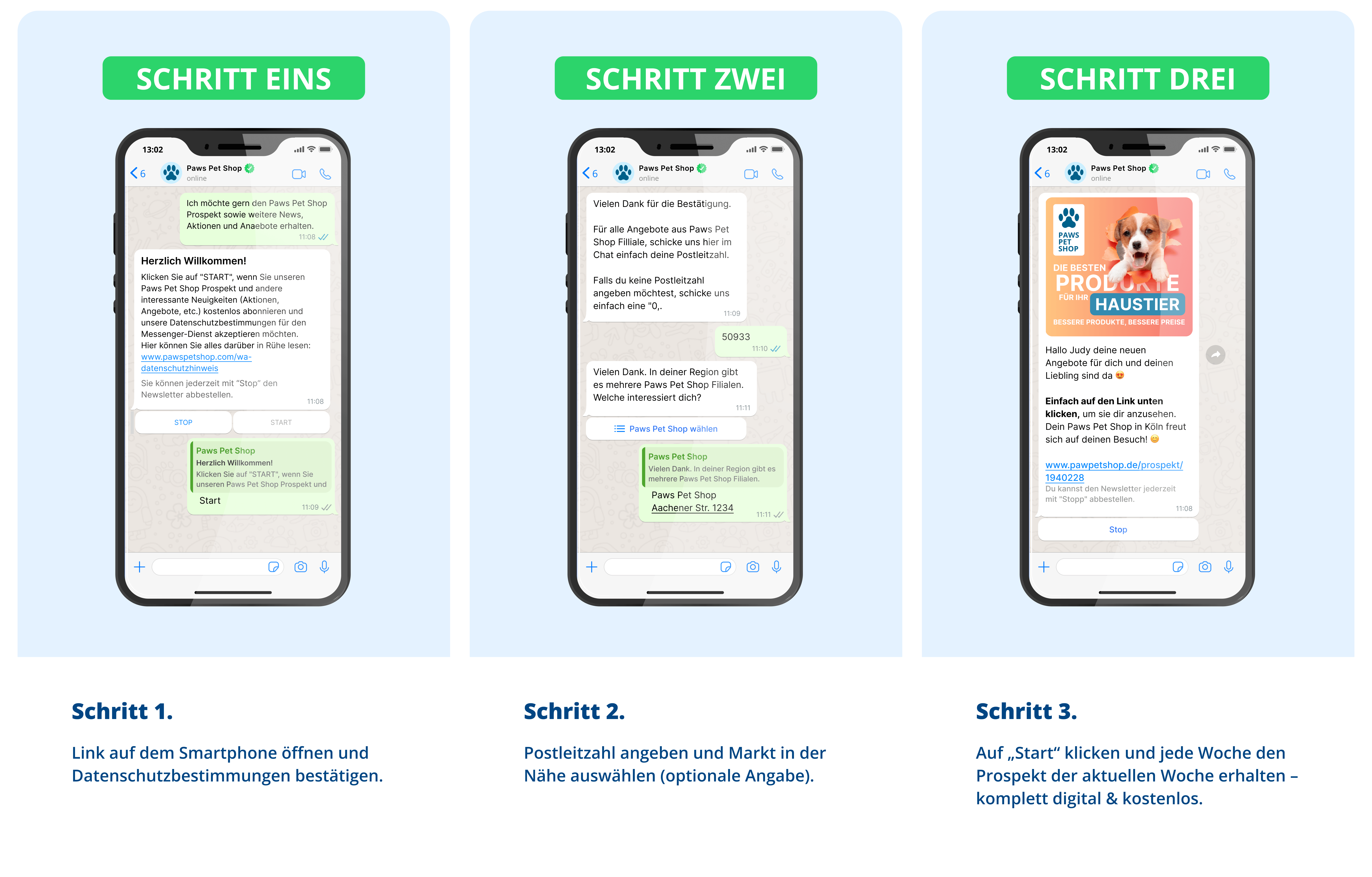 Bild einer WhatsApp-Newsletter-Anmeldung in drei Schritten