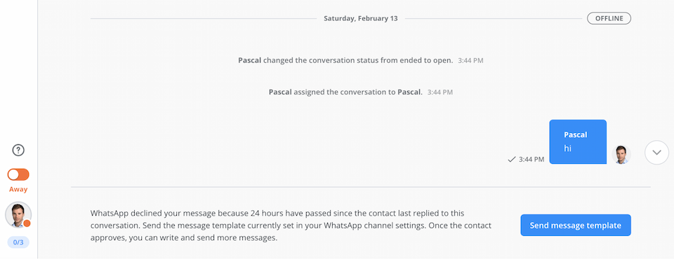 Screenshot zeigt die Benachrichtigung im Userlike Message Center, dass die Verwendung einer Template Message notwendig ist.