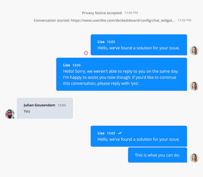 Der Support-Agent nimmt das Gespräch mit dem Nutzer auf WhatsApp wieder auf