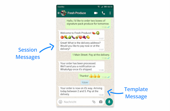 WhatsApp-Sitzungsnachrichten und Vorlagennachrichten, die in derselben Kundenkonversation gesendet werden