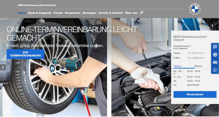 Screenshot von Webseite eines BMW-Autohauses mit einem WhatsApp-Button integriert.