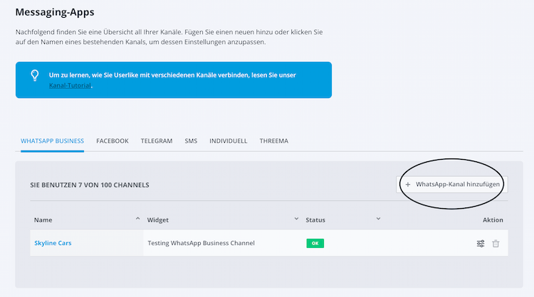 Userlike Dashboard für die Erstellung eines WhatsApp Business Accounts