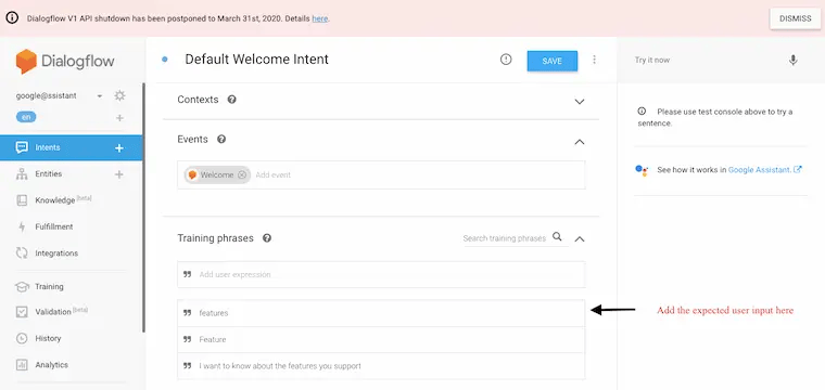 Dialogflow chatbot intent editor