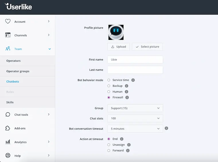 Configuration page for a Userlike chatbot
