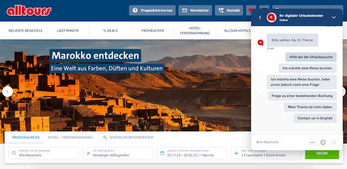 Sceenshot von Alltours-Website mit Chatbot