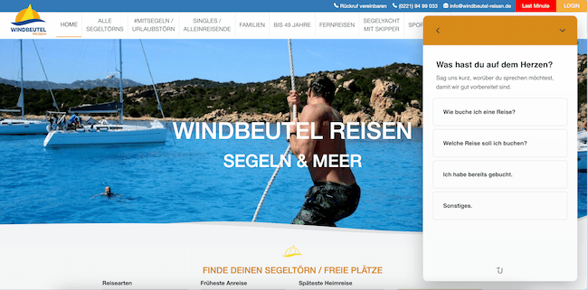 Sceenshot von Windbeutel-Reisen-Website mit Chatbot