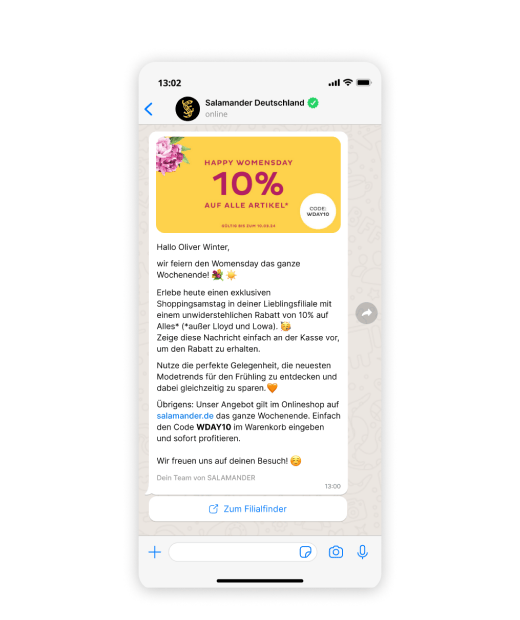eine Nachricht des WhatsApp-Newsletters von Salamander Deutschland