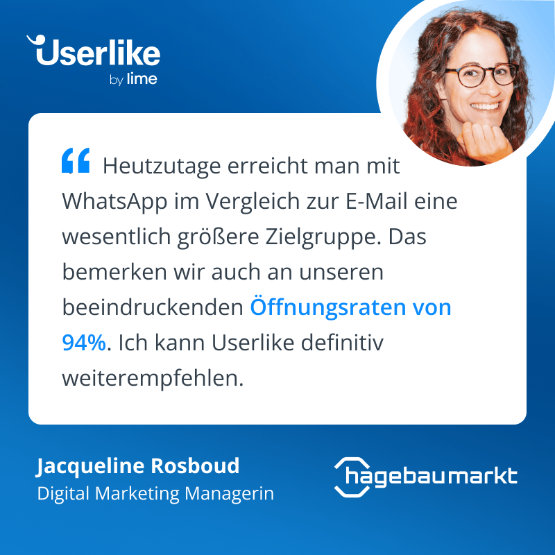 Bild mit einem Kundenzitat von Hagebaumarkt zur Nutzung von WhatsApp-Kampagnen mit Userlike