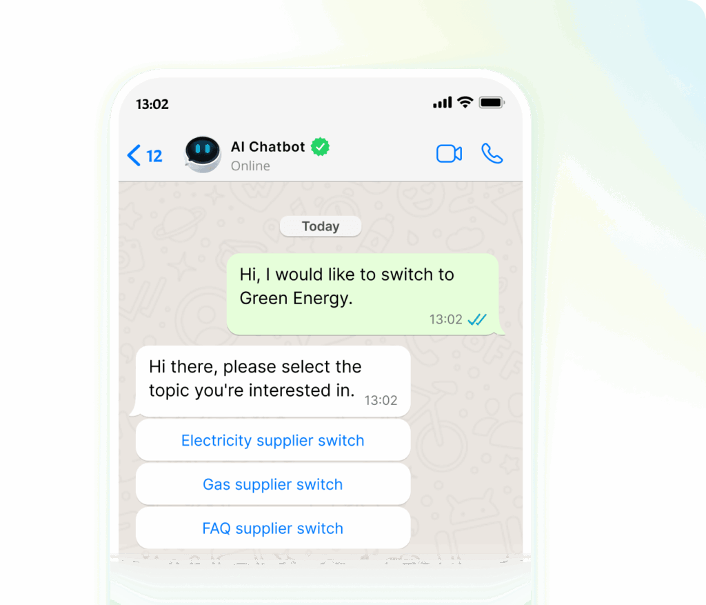 Beispiel für eine Bot-Konversation mit einem Ökostromanbieter, der Multiple-Choice-Antworten anbietet.