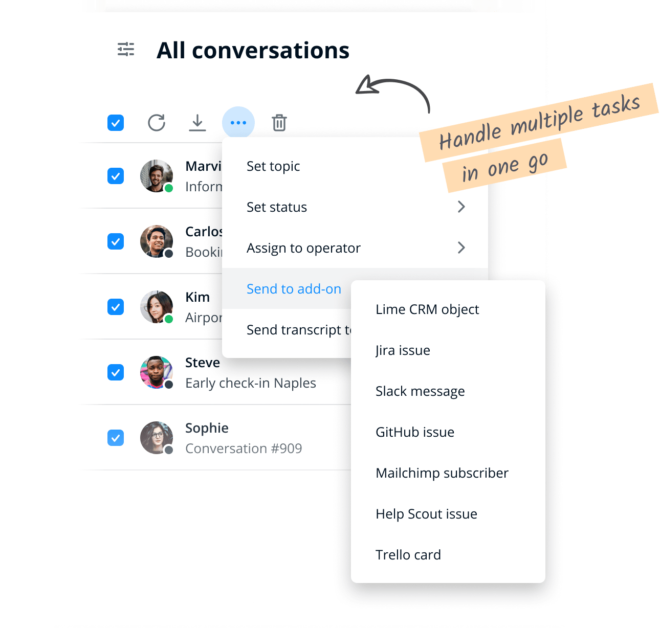 Montrant comment marquer toutes les conversations pour appliquer une action à toutes, comme l’envoi à un logiciel tiers.