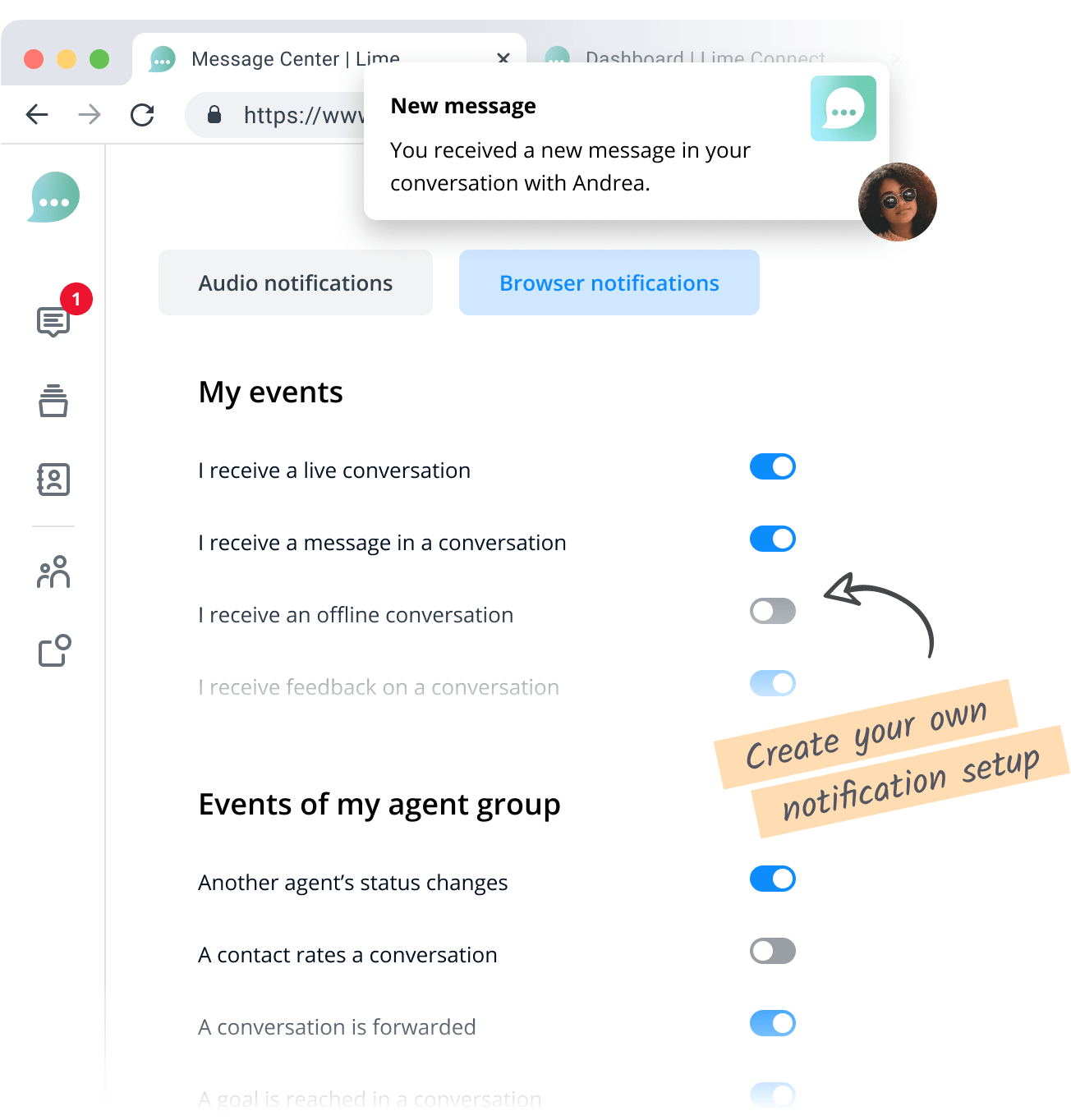 Montrant différentes options pour configurer les notifications, comme « recevoir un message dans une conversation ».