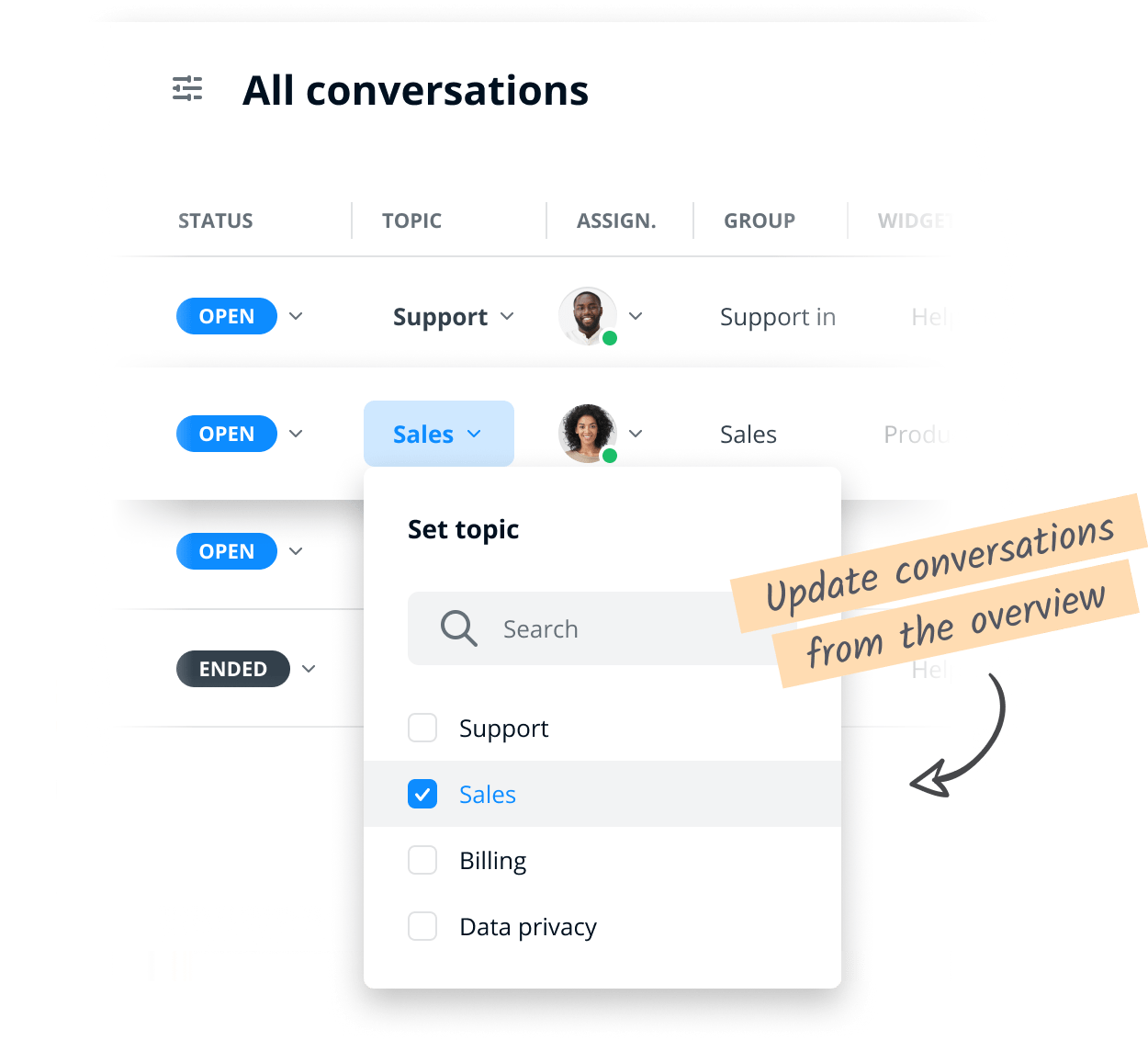 Illustration montrant comment changer le sujet de conversation dans l’aperçu.