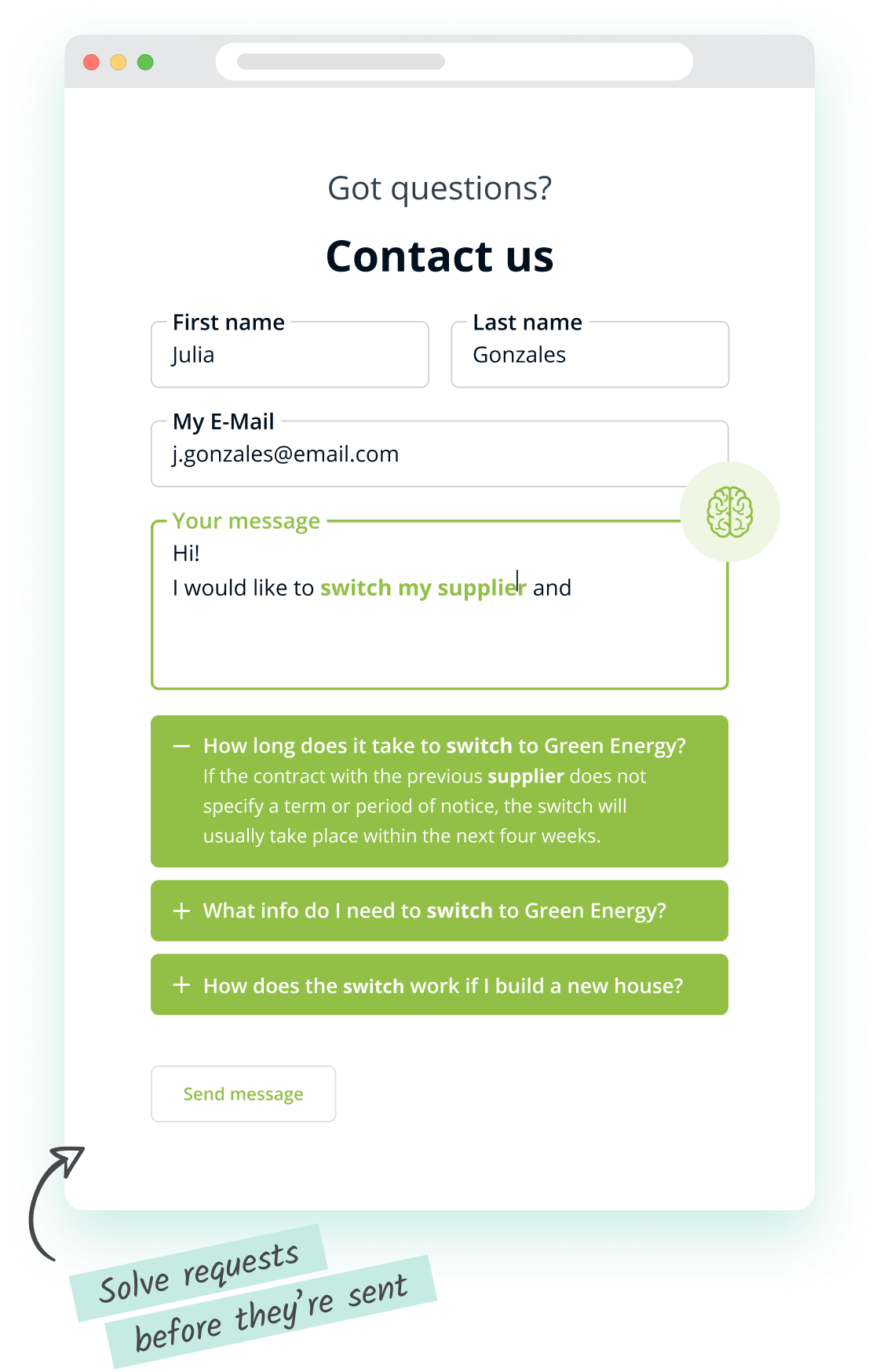 Interface du formulaire de contact avec fonction de suggestion par IA.