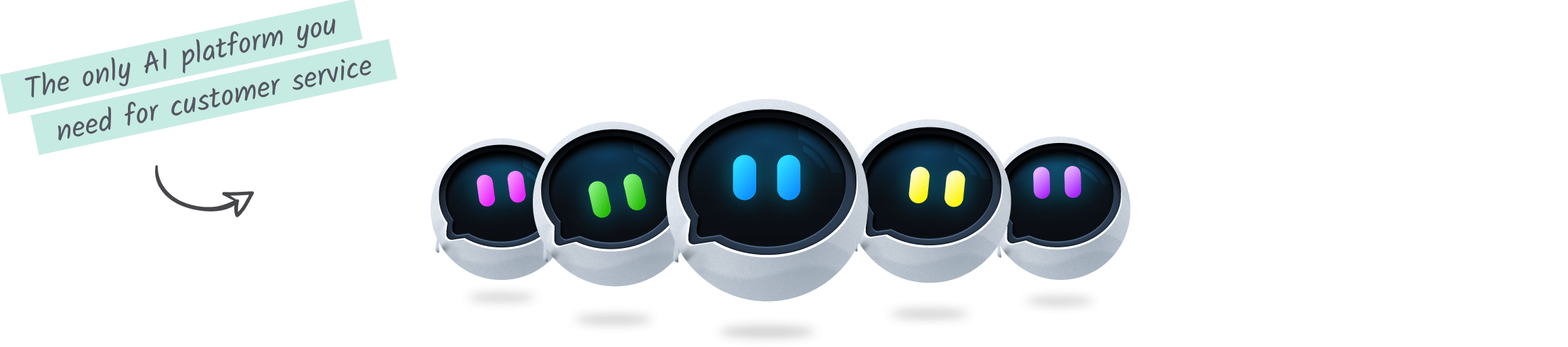 Cinq chatbots mignons avec des yeux de couleurs différentes.