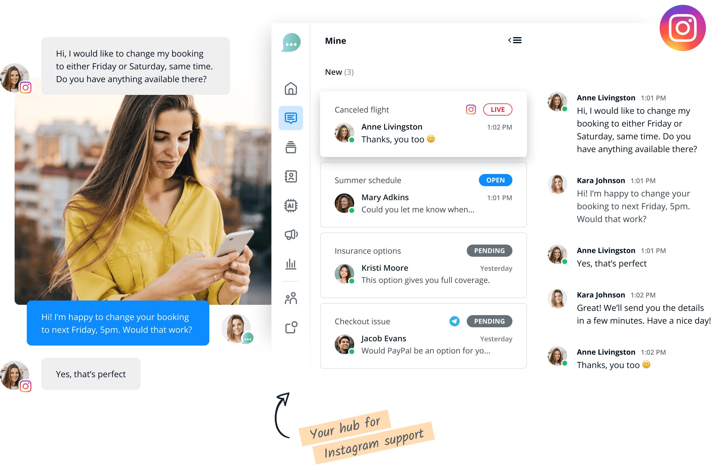 Lime Connect Unified Messaging Inbox mit Instagram-Nachrichten und Logo.