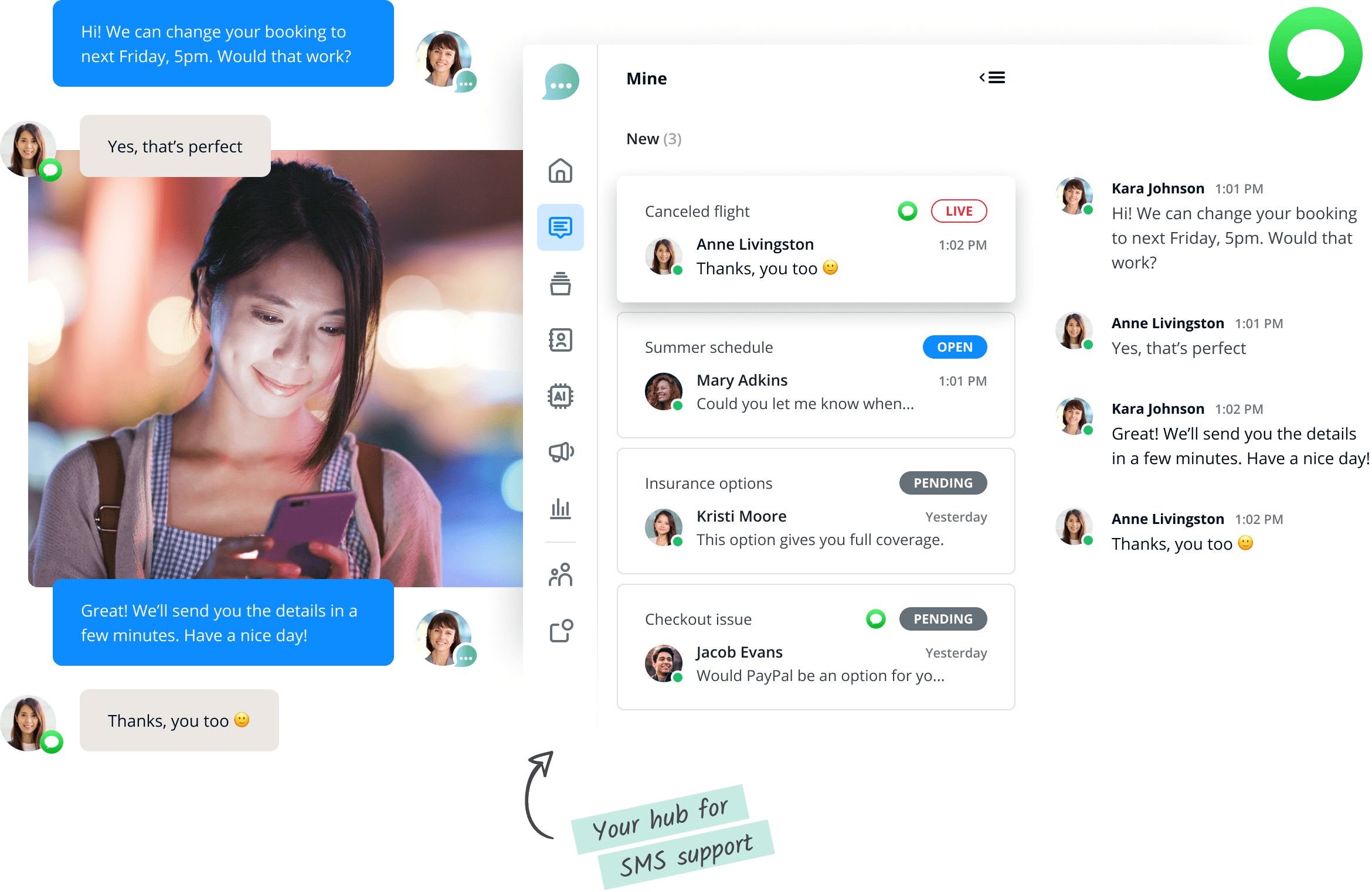 Lime Connect Unified Messaging Inbox mit SMS-Nachrichten und Logo.