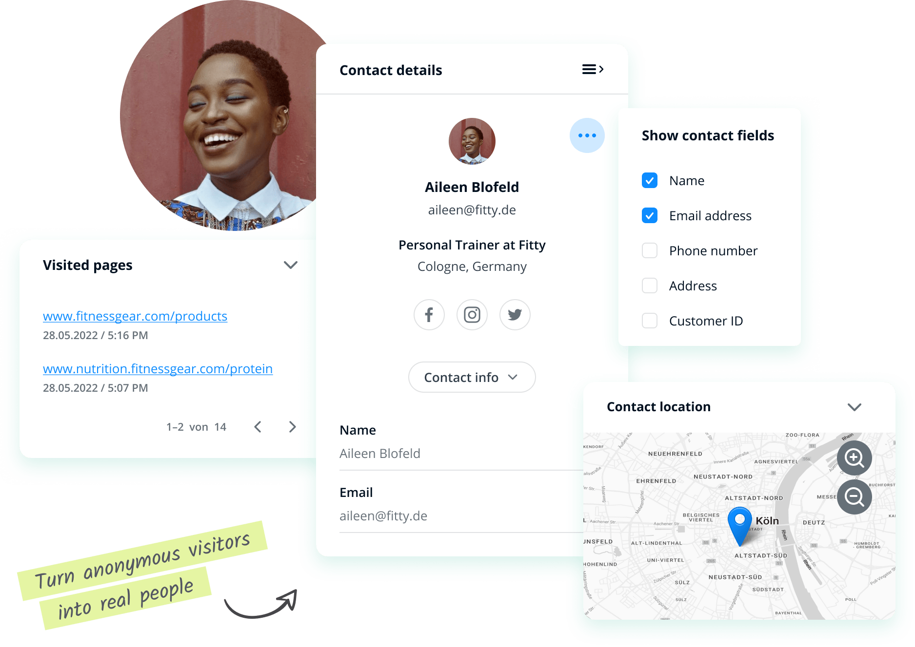 Outils du profil client, comme les pages visitées et la localisation.