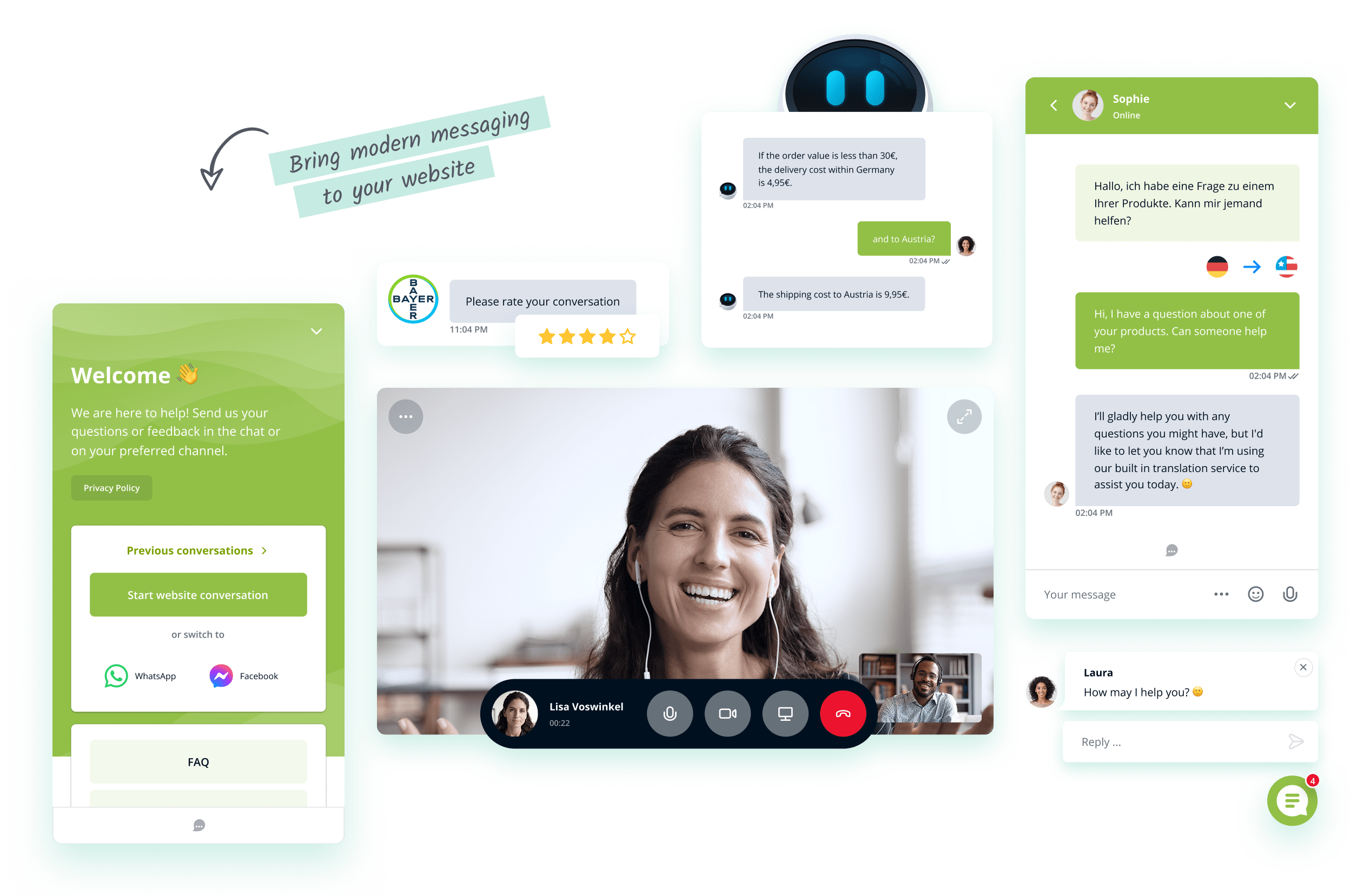 Illustration aller Tools des Website Messenger, z. B. Videoanrufe und Chat-Bewertungen.